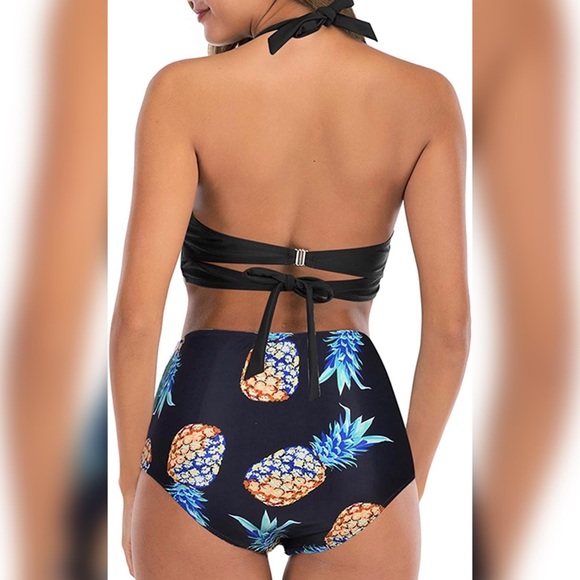 High waisted two piece bikini black with pineapple bottoms - Picture 4 of 4
